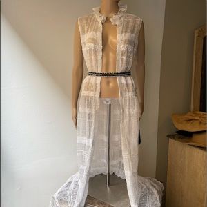 White lace sequined detail ruffled neck  cover up overall long dress OS